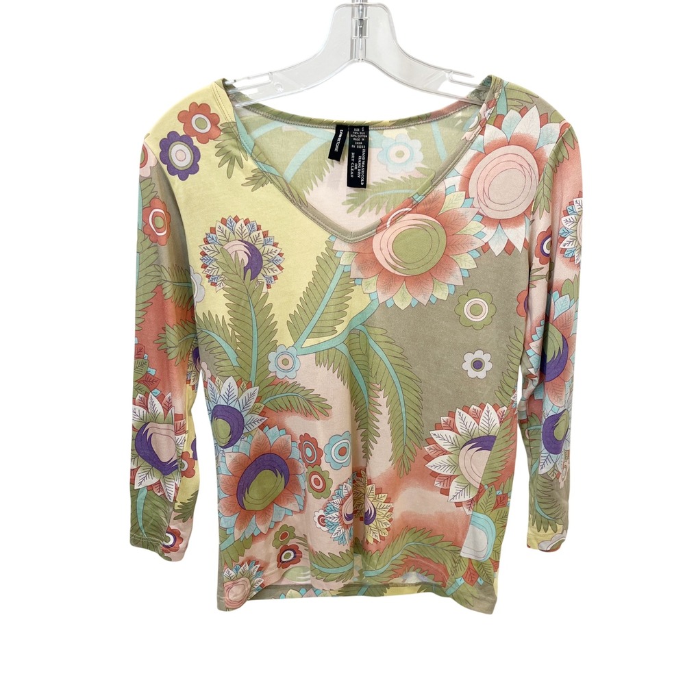 Lynn Ritchie Y2K Green Multi Floral Silk Long Sleeve V-Neck Top Boho Size Small